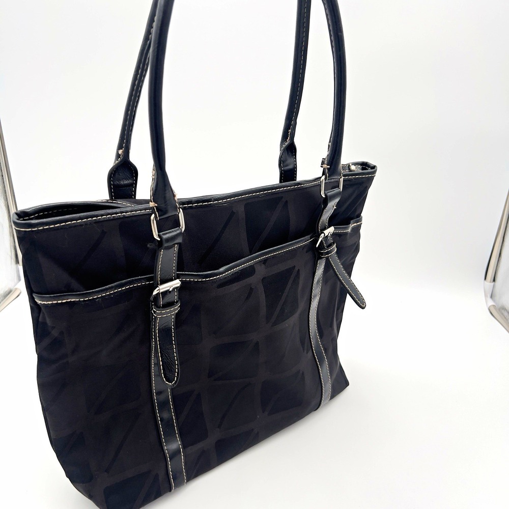 Nine & Co Black Geometric Tote Bag Zip Top Double Handles Pockets Lined